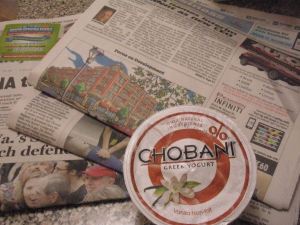 Newspaper and yogurt