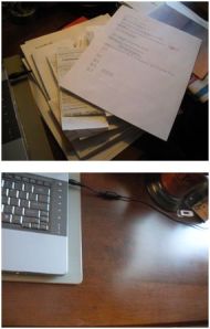 Two views of a desk -- one messy, one clean.