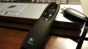 Computer, presentation remote, jump drive
